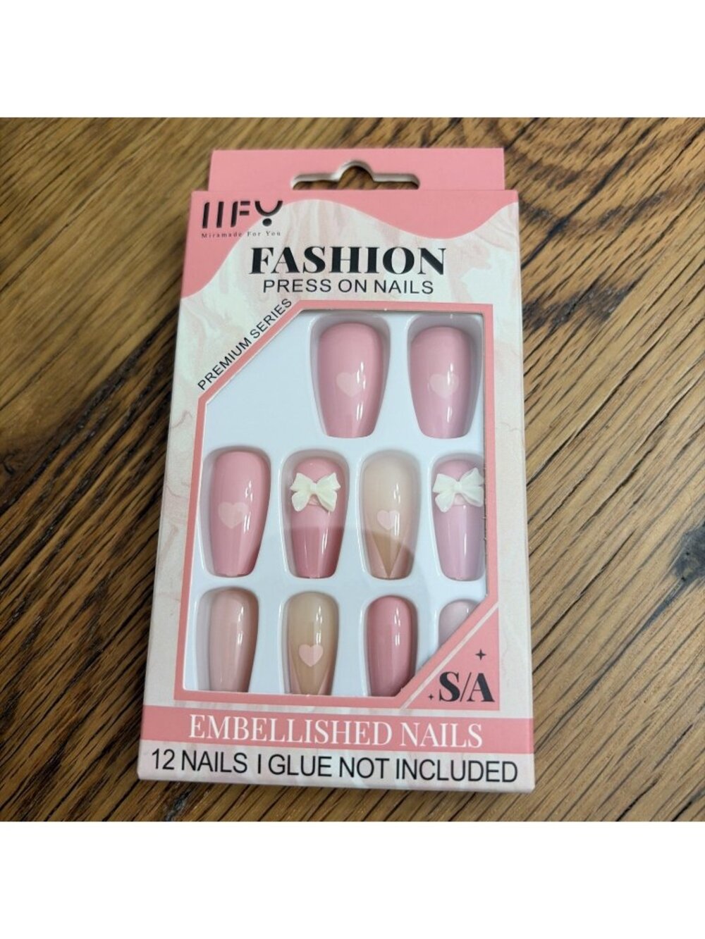 IIFY Press On Nails Pink Hearts Bows Accent Medium Length 12ct W/adhesive